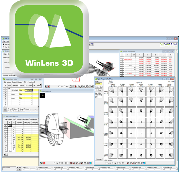 Screen shot of WinLens Optical Design Software showing Edge thickness and relative illumination functions