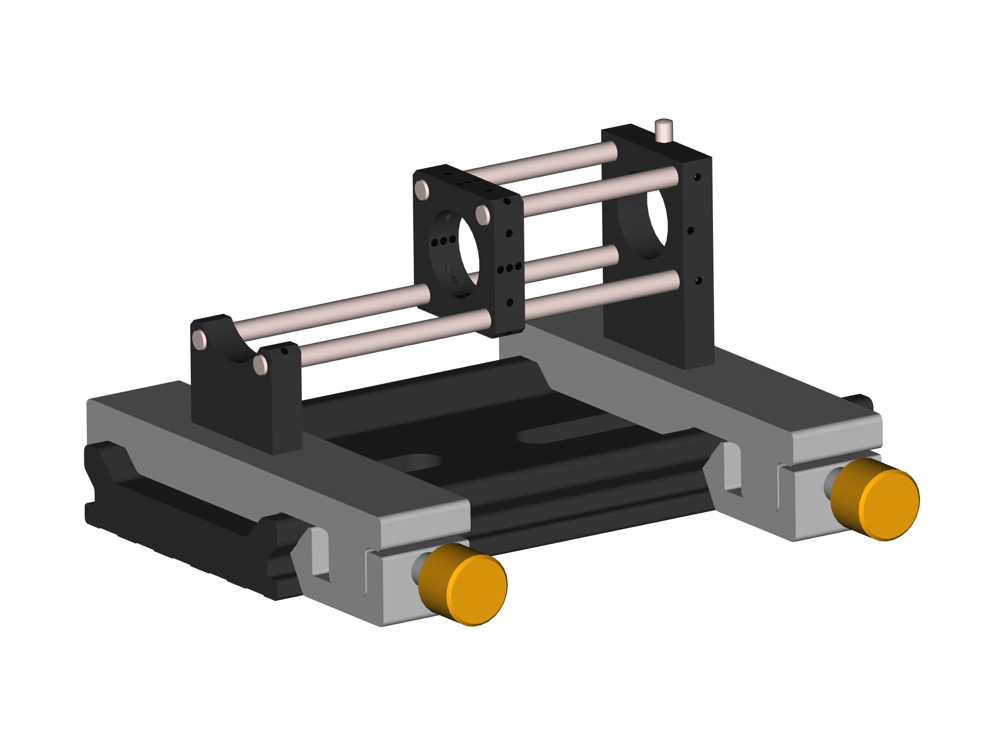 Application example: Both Carriers X 95 - MB are mounted on a Flat rail FLS 95 and each carries a Microbench Holder, which in turn are connected via the Microbench rods