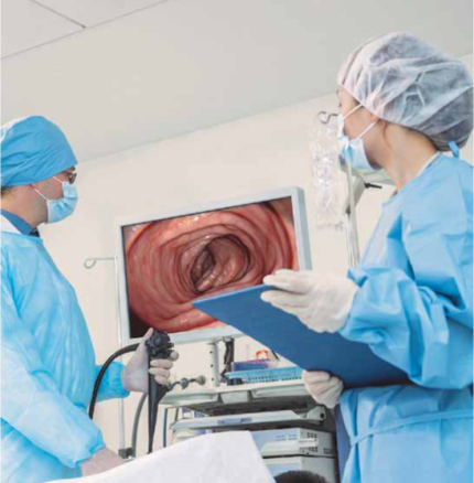 Endoscopy using a camera with the image projected on a monitor. 